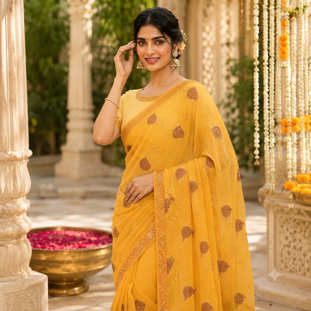 MUSTARD YELLOW CHIKANKARI/EMBROIDERED GEORGETTE SAREE