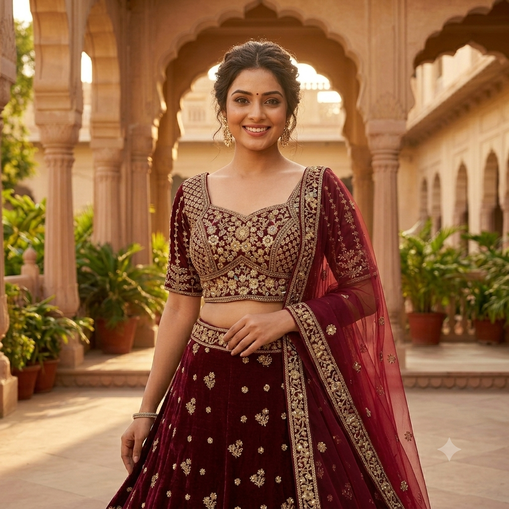 WINE PEACOCK WORK LEHENGA