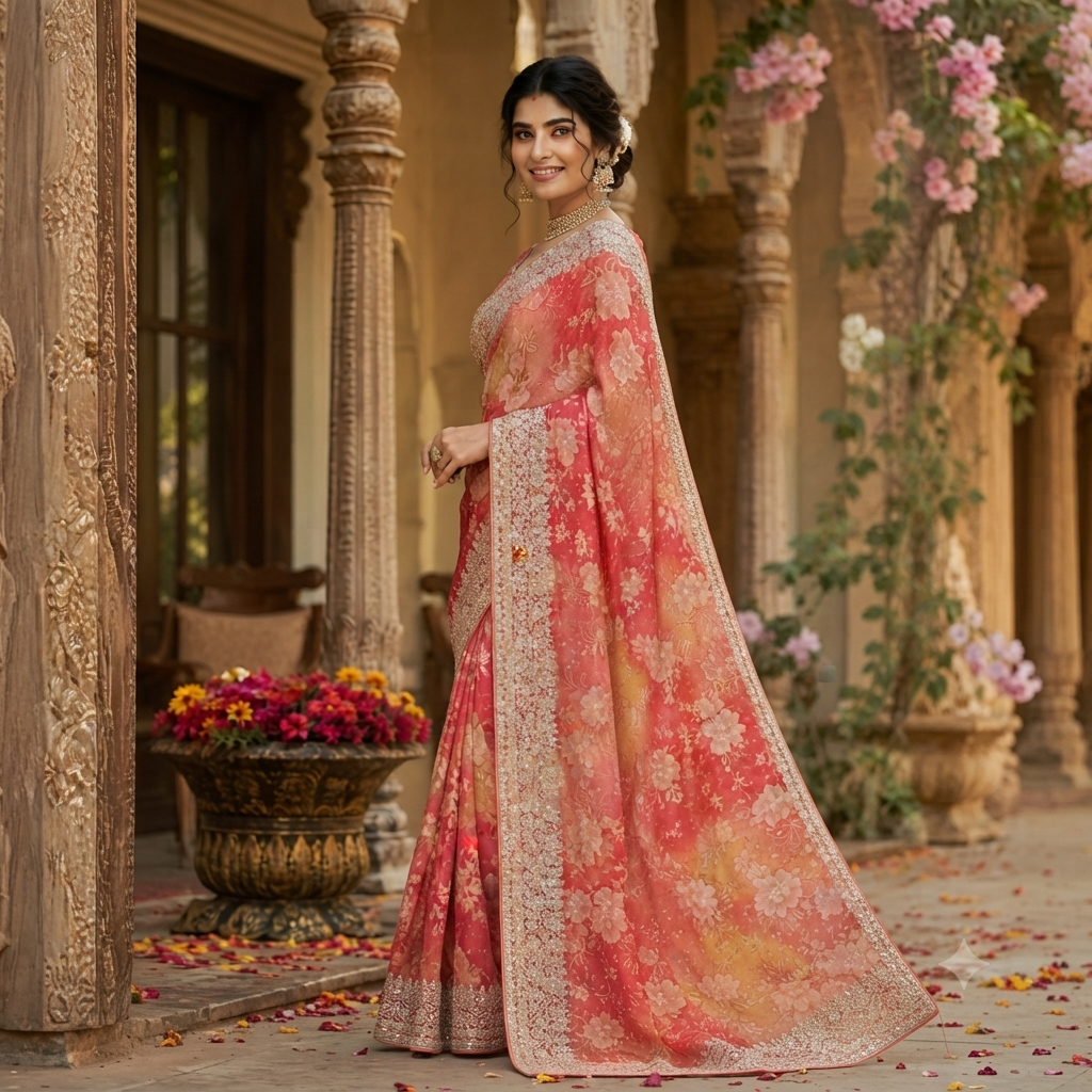 CORAL PEACH FLORAL SAREE