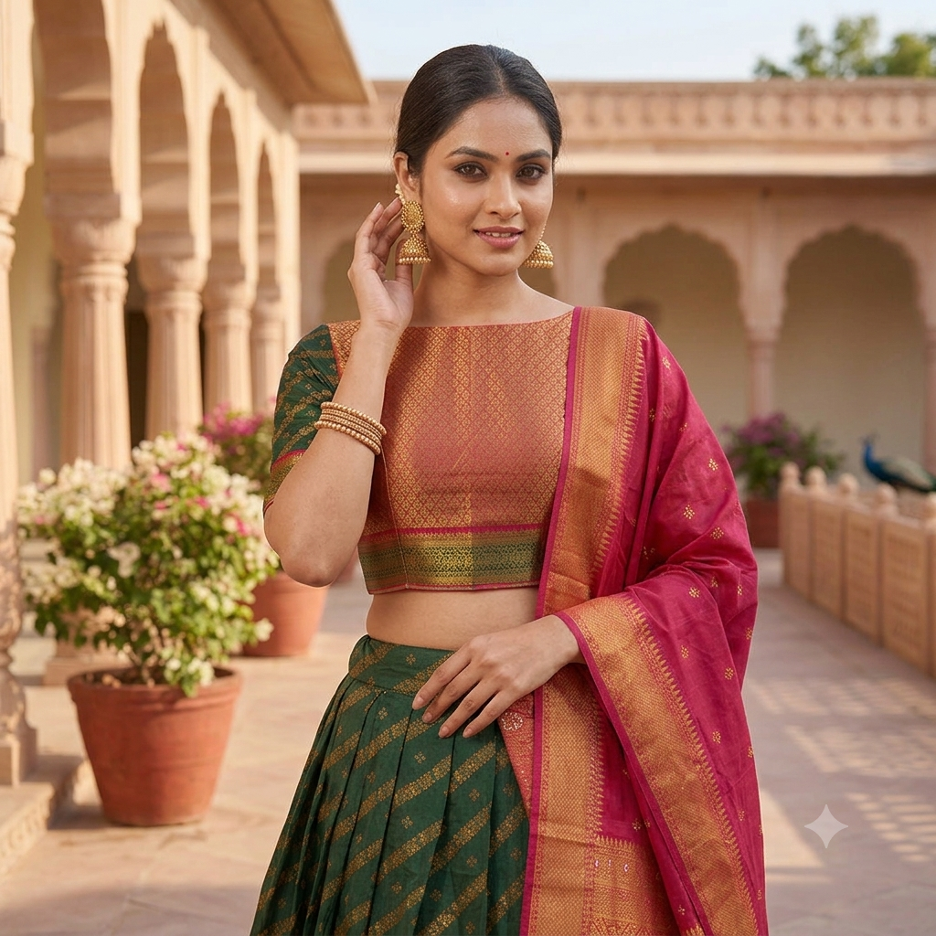 BOTTLE GREEN LEHENGA WITH GOLD ZARI  STRIPES WITH RED-ORANGE KANJIVARAM BORDER