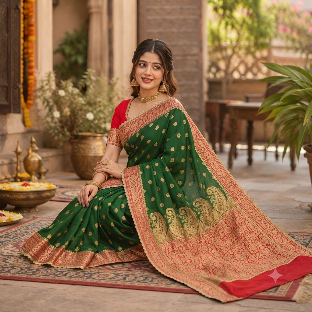 BOTTLE GREEN LAAL BANARASI SILK SAREE