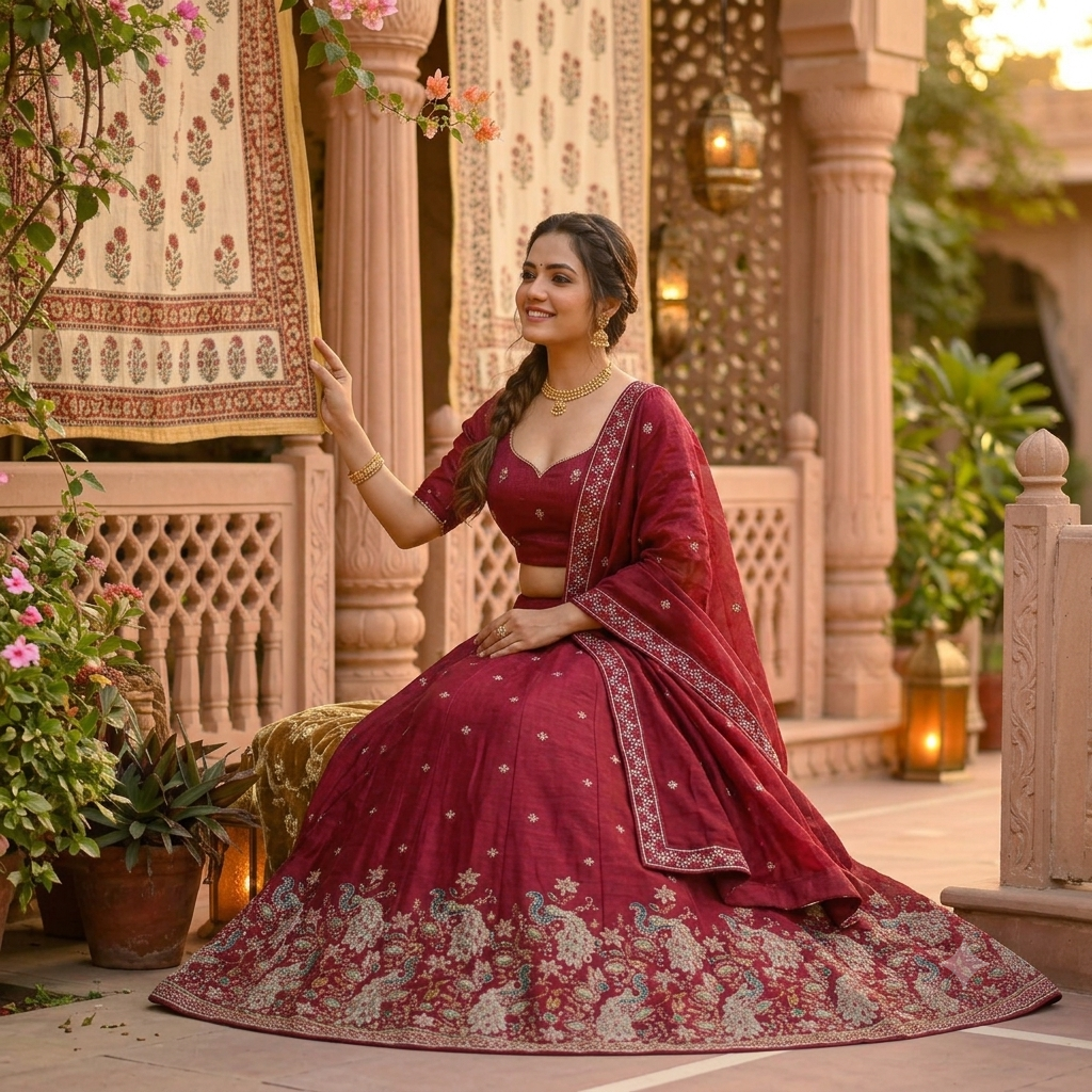MAROON LEHENGA WITH THE WHITE TEAL PEACOCK BORDER