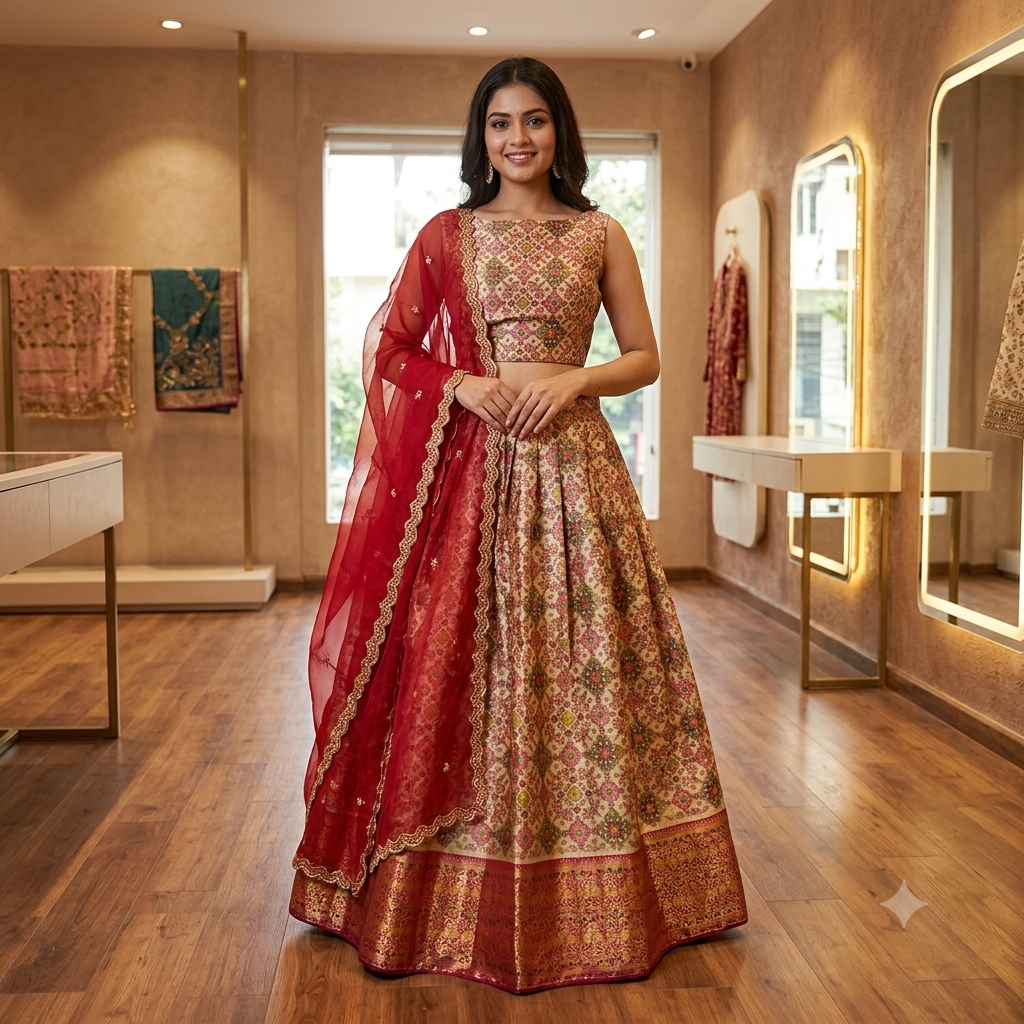 BEIGE BASE LEHENGA WITH MULTICOLOUR JAAL PRINT + THAT RICH MAROON - GOLD BORDER