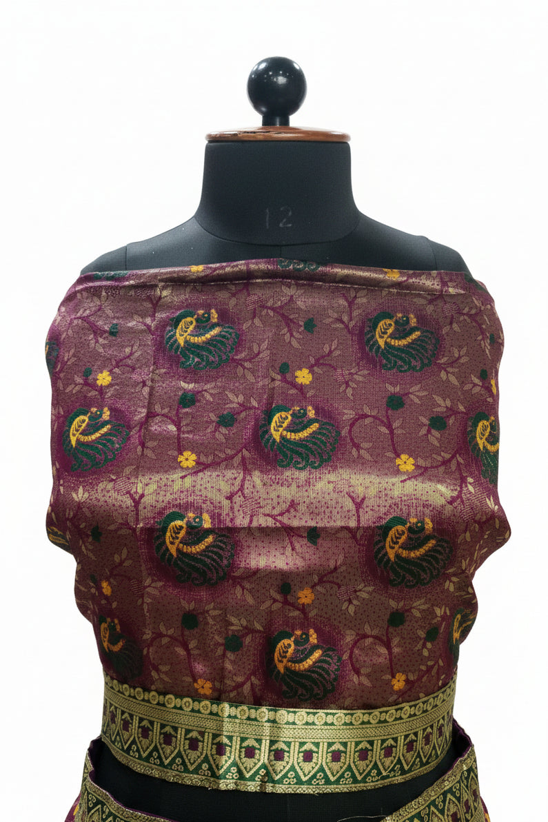 DEEP WINE LEHENGA WITH PEACOCK+ PAISLEY BUTI WORK+ THAT RICH OLIVE GREEN BORDER