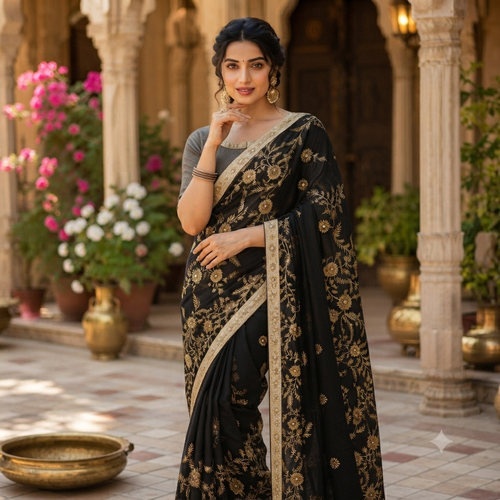 BLACK GEORGETTE SAREE WITH ANTIQUE GOLD ZARI FLORAL JAAL