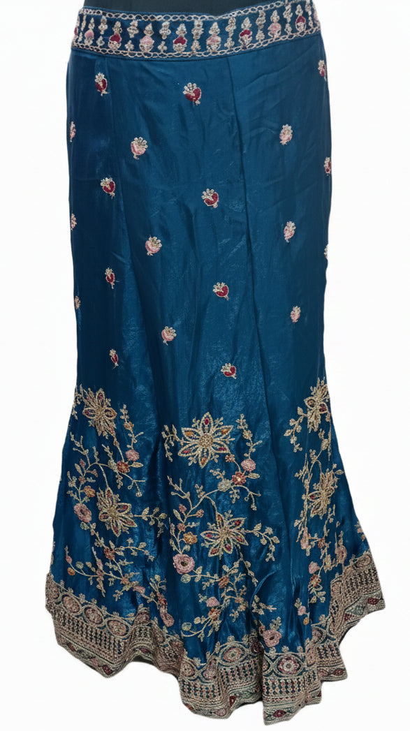 TEAL BLUE VELVET LEHENGA WITH GOLD+ PINK FLORAL EMBROIDERY