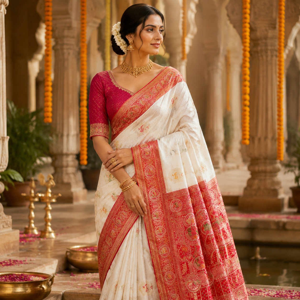 IVORY SINDOORI RED BANARASI SILK SAREE