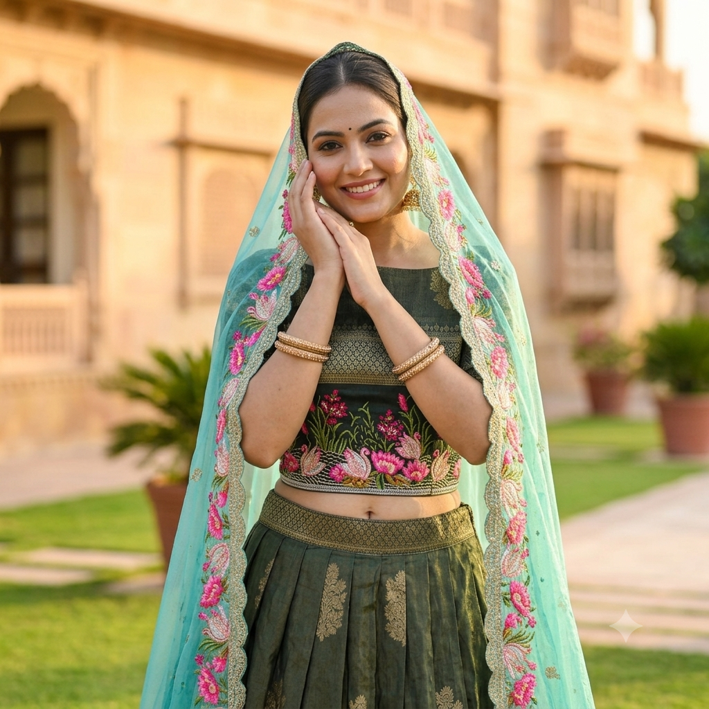 OLIVE GREEN LEHENGA WITH THOSE BRIGHT PINK + LOTUS FLORAL BORDER