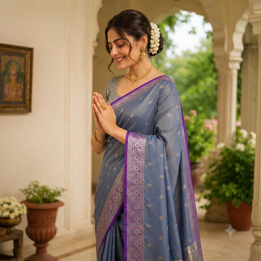 DUSTY BLUE BANARASI TISSUE SILK SAREE