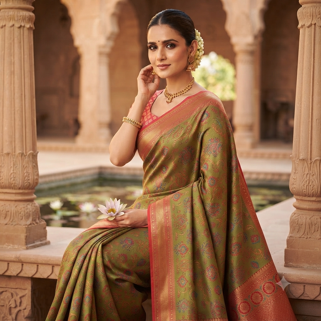 MEHNDI  GREEN BANARASI SILK SAREE