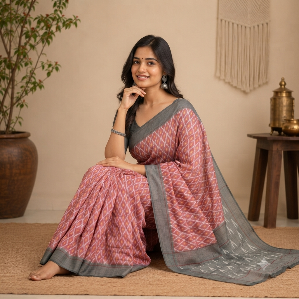 ONION PINK IKAT PRINT SAMBALPURI HANDLOOM COTTON SAREE