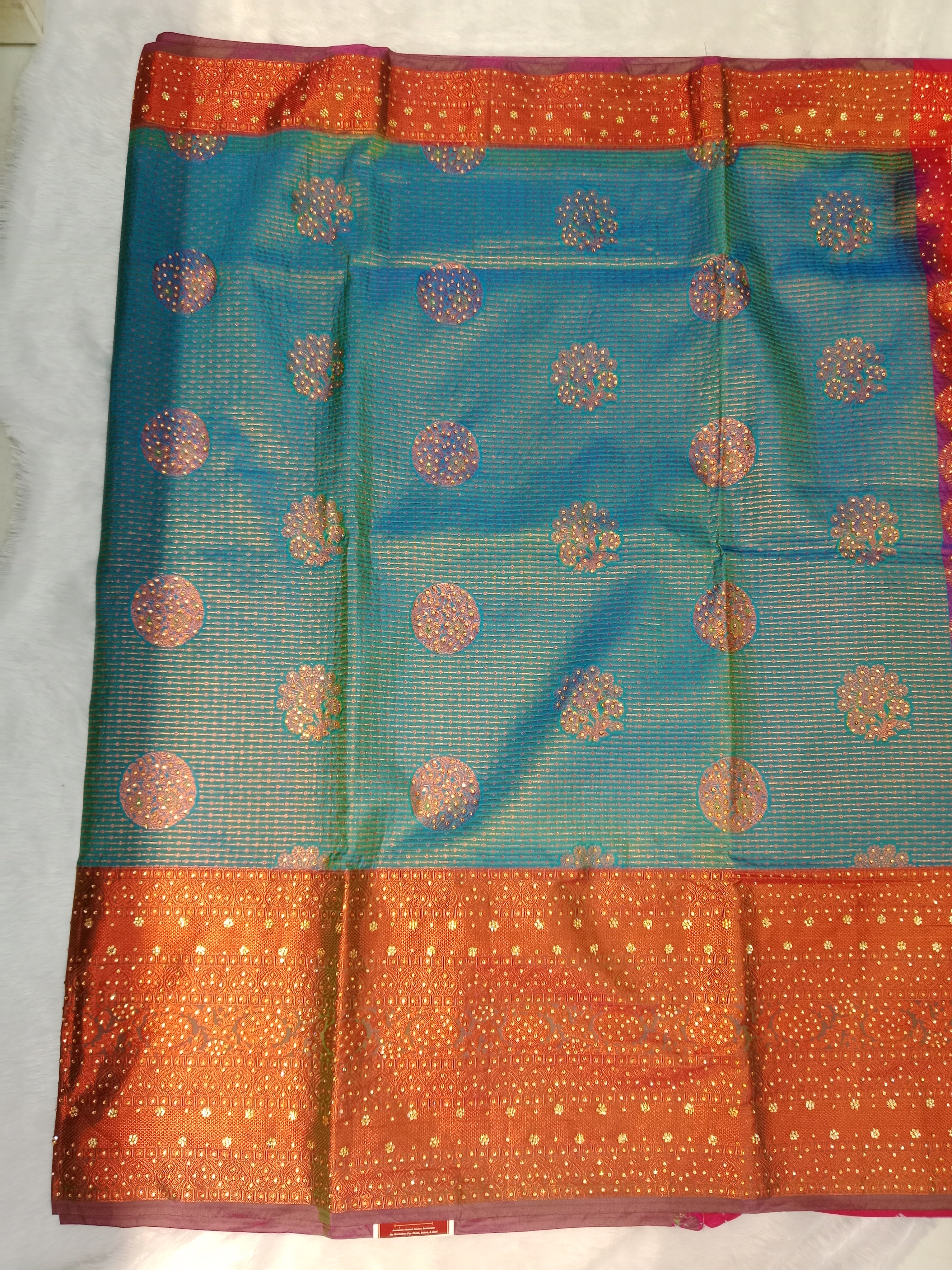 PEACOCK BLUE KUMKUM RED KANCHIPURAM SILK SAREE