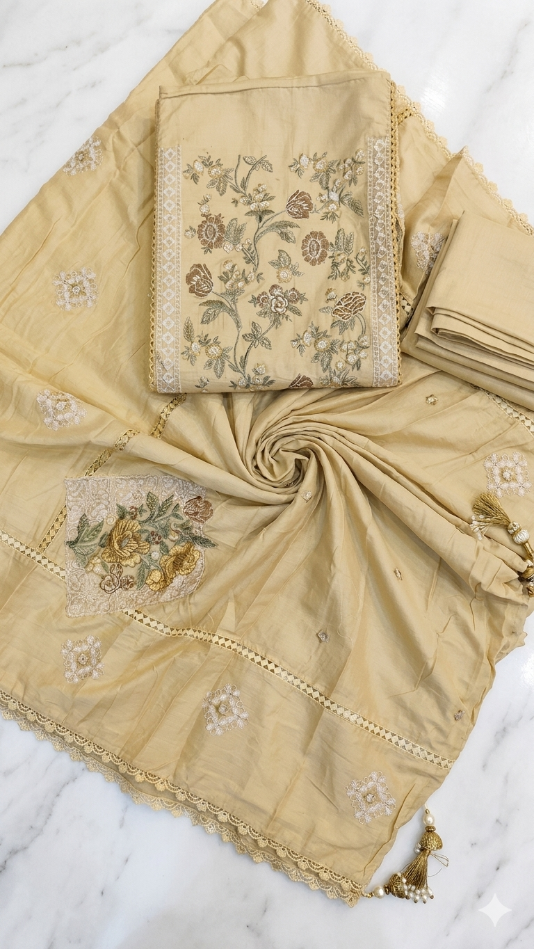 CREAM GOLD EMBROIDERED DRESS MATERIAL
