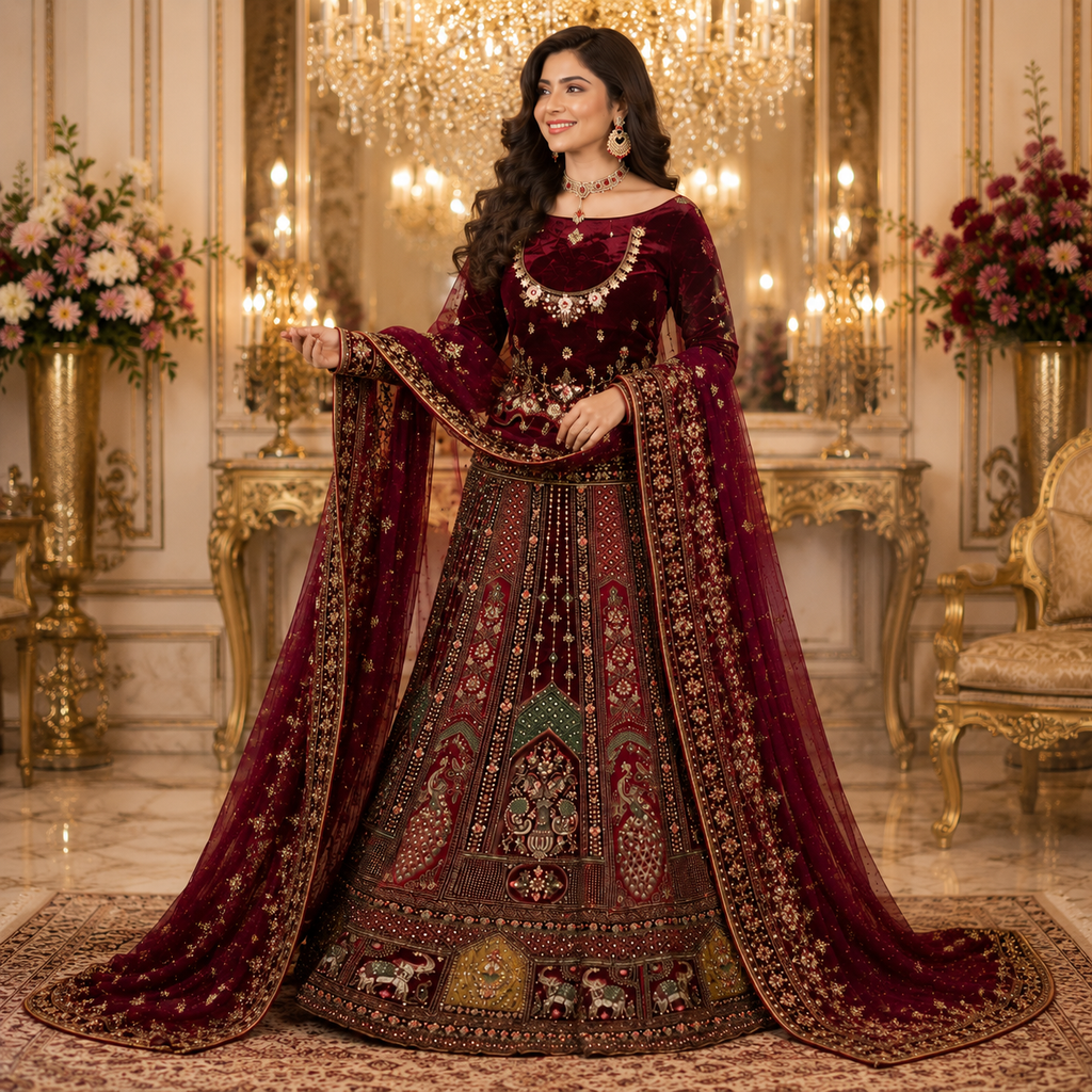 MAROON VELVET LEHENGA