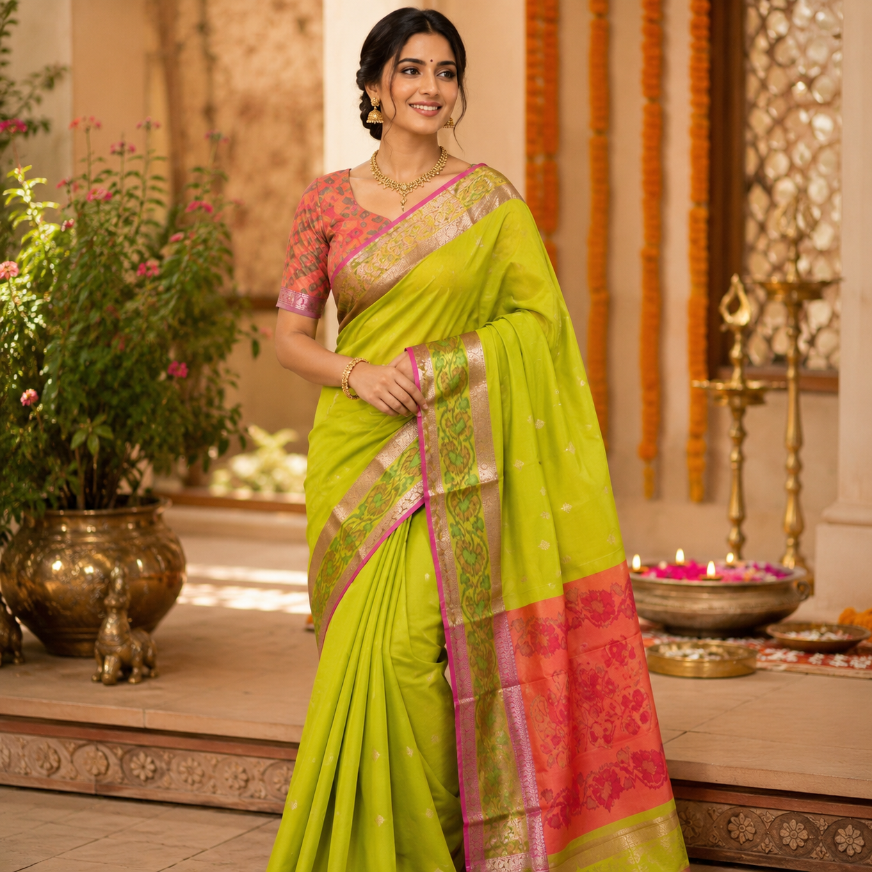 LIME GREEN GADWAL COTTON - SILK SAREE WITH CONTRAST CORAL PINK PALLU