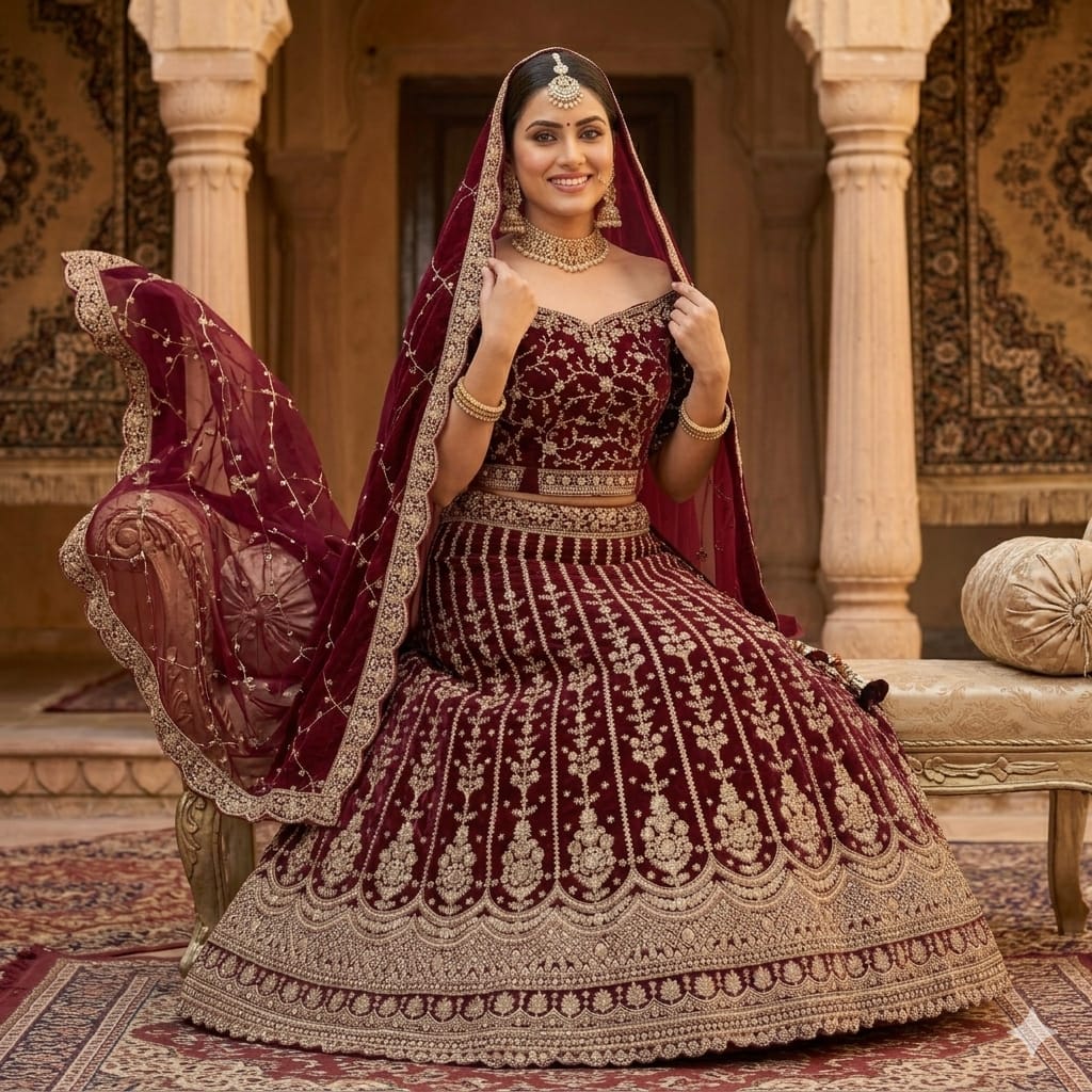 MAROON VELVET GULMOHAR LEHENGA