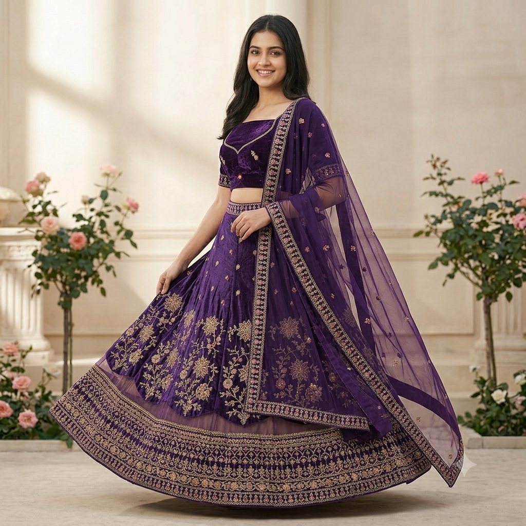 DEEP PURPLE VELVET LEHENGA