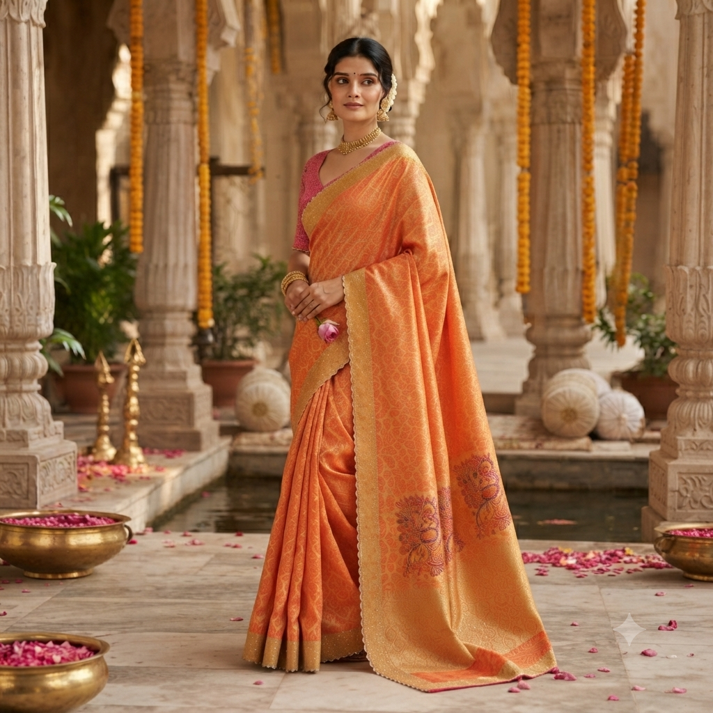 PEACH ORANGE PINK BANARASI SILK SAREE