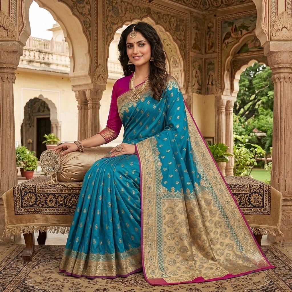 PEACOCK BLUE BANARASI SILK SAREE WITH CONTRAST MEGENTA