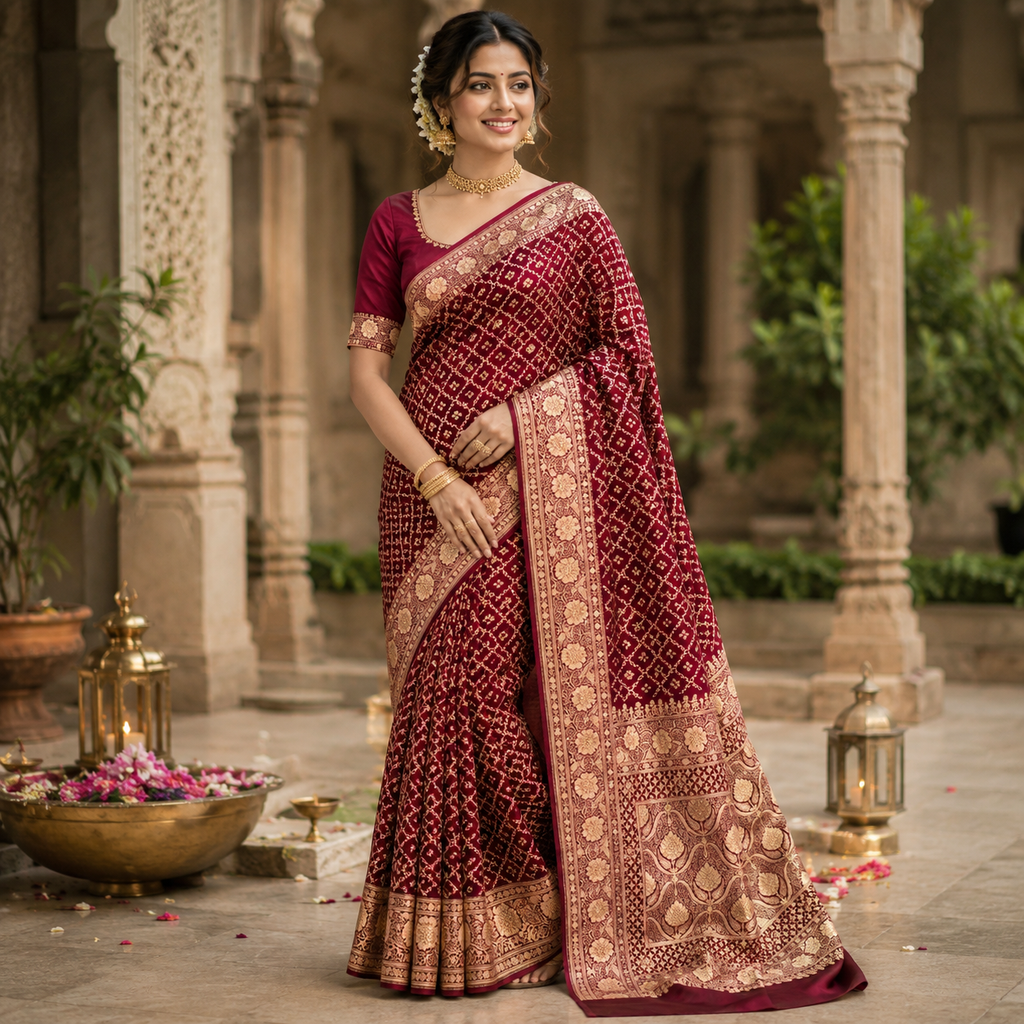 WINE  MAROON BANDHANI BANARASI SILK SAREE