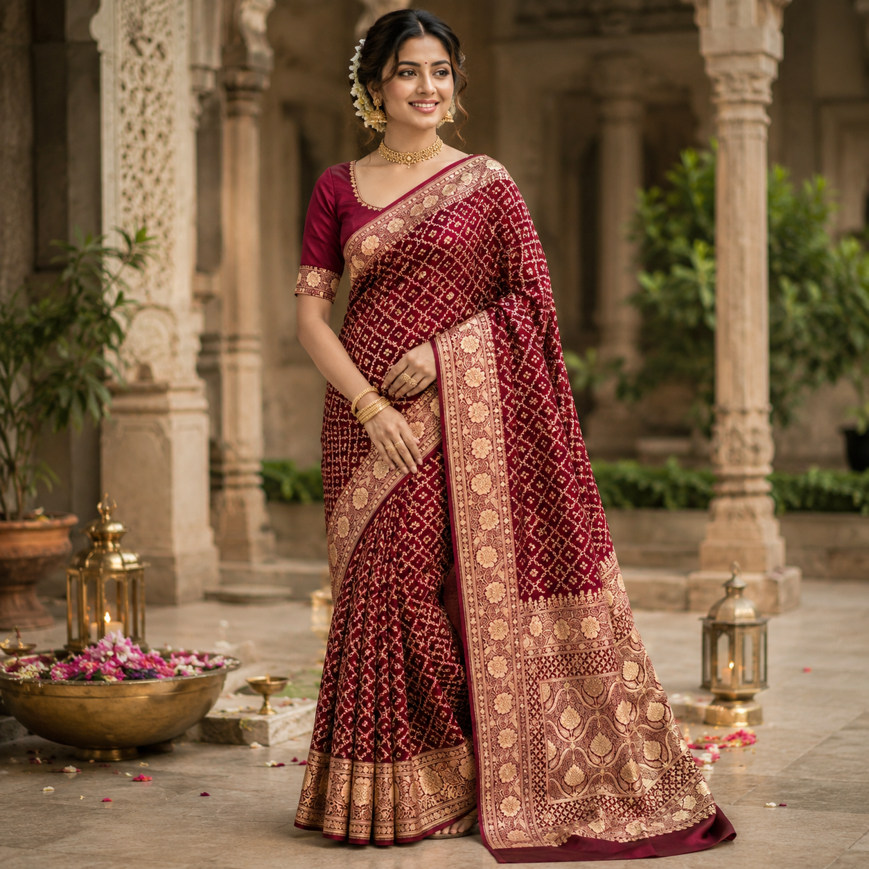 WINE  MAROON BANDHANI BANARASI SILK SAREE