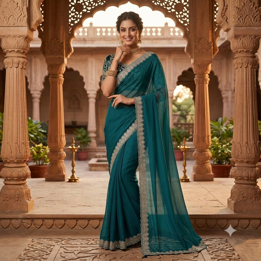 TEAL GEORGETTE SAREE WITH SILVER SCALLOP BORDER