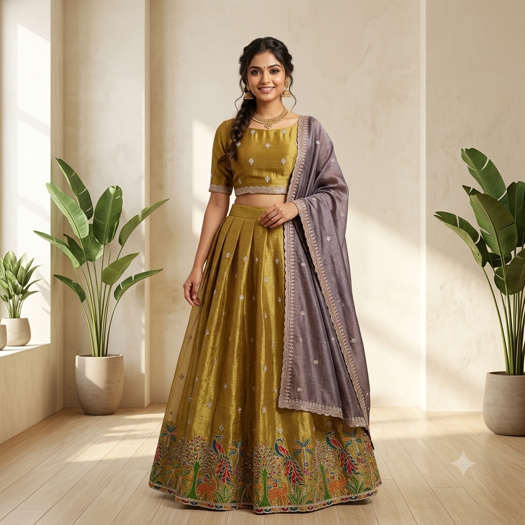 MUSTARD YELLOW  LEHENGA WITH THE COLOUR PARROT TREE EMBROIDERY