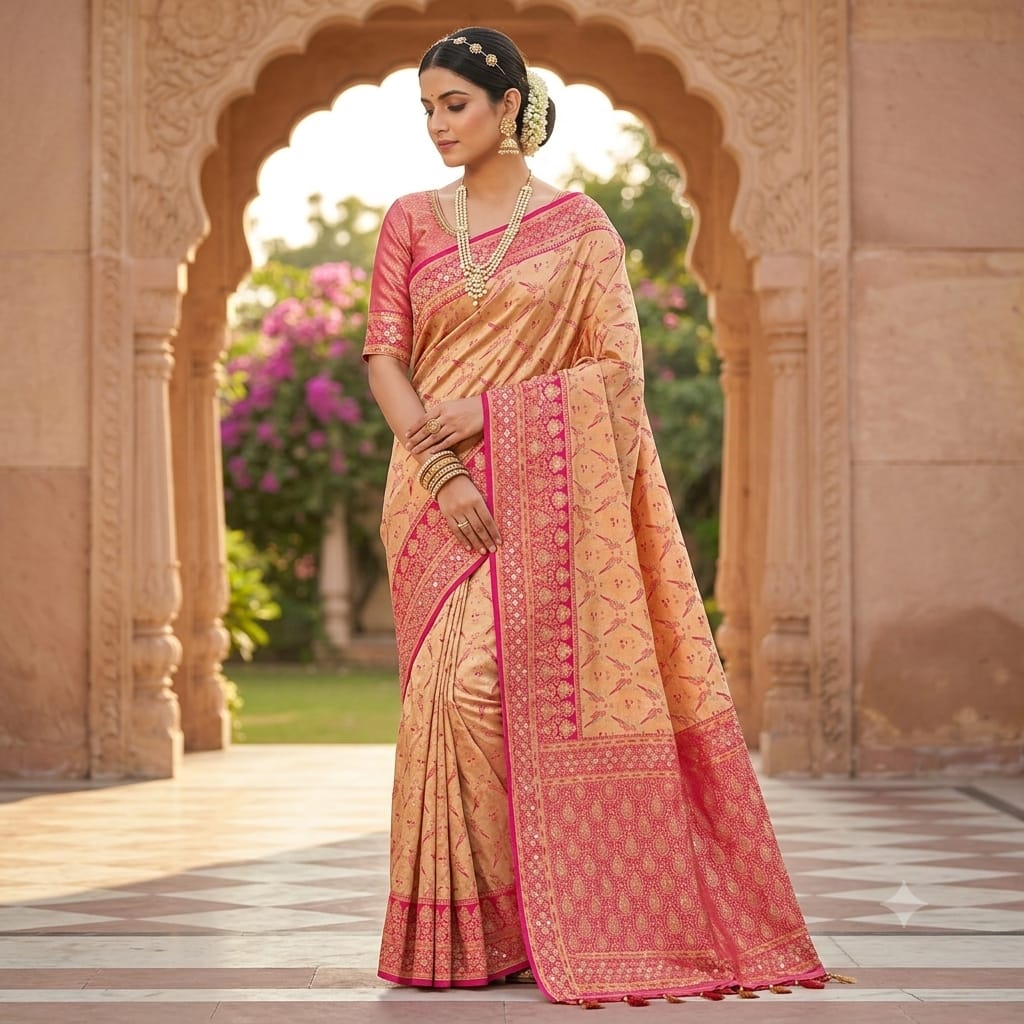 SANDALWOOD BANARASI SILK SAREE WITH CONTRAST RANI PINK