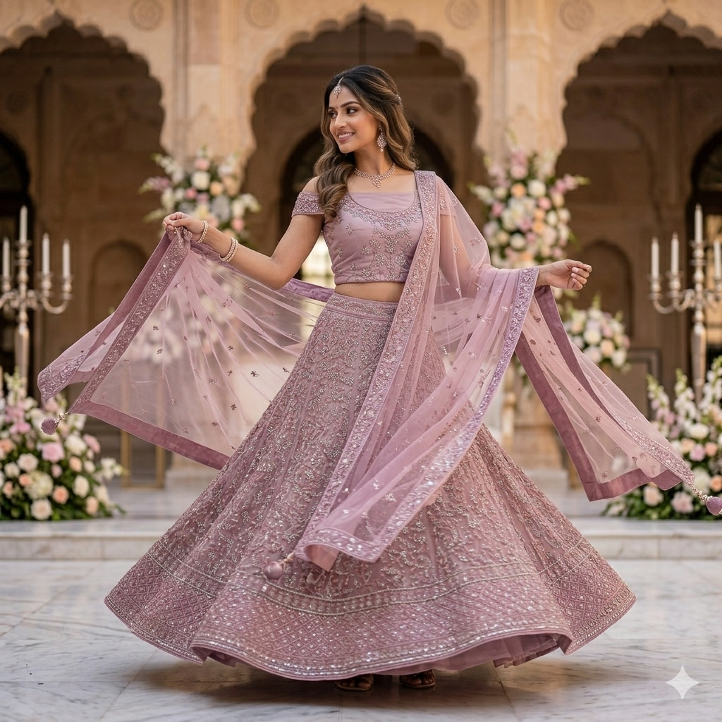 DUSTY ROSE LEHENGA WITH SILVER SEQUIN WORK