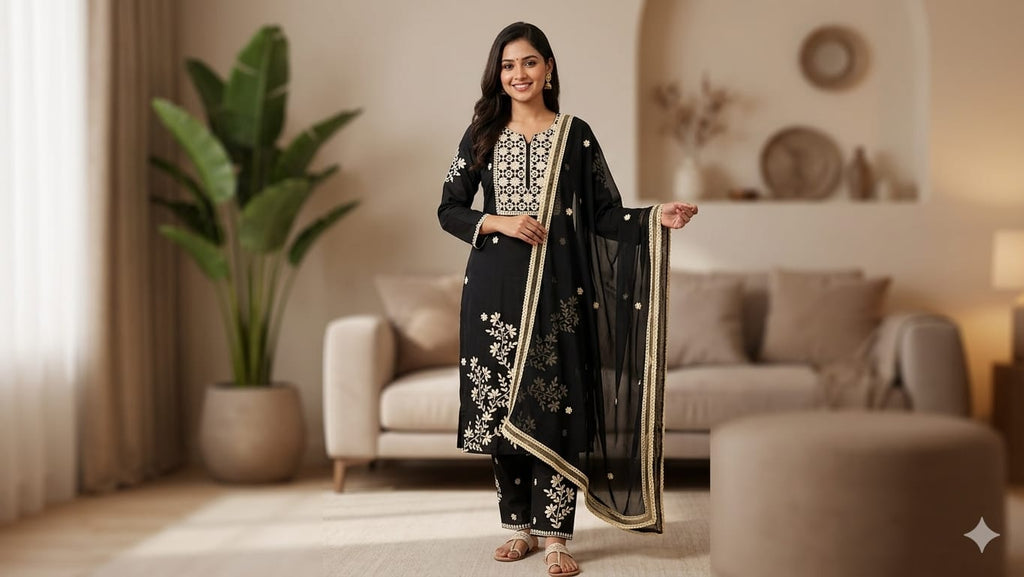 BLACK WITH IVORY THREAD KURTI SET