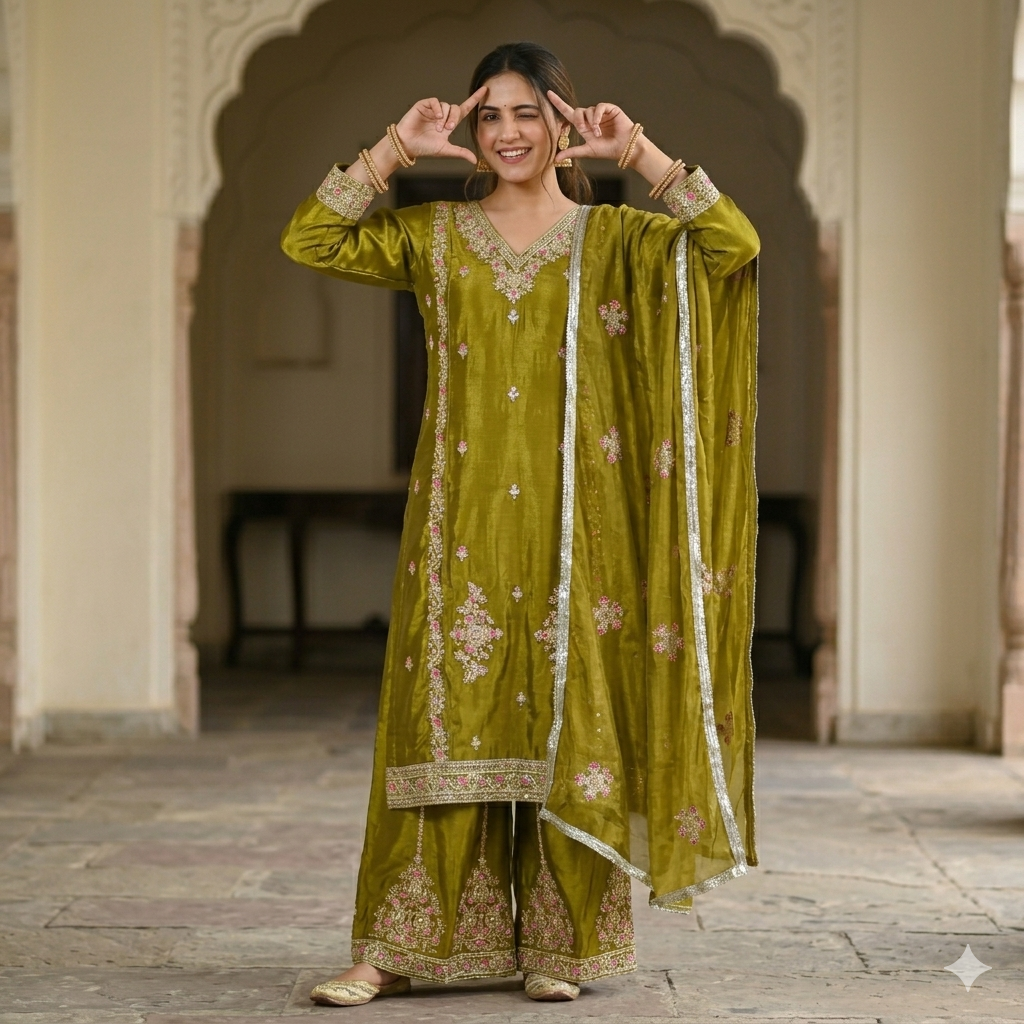 OLIVE GREEN EMBROIDERED SHARARA