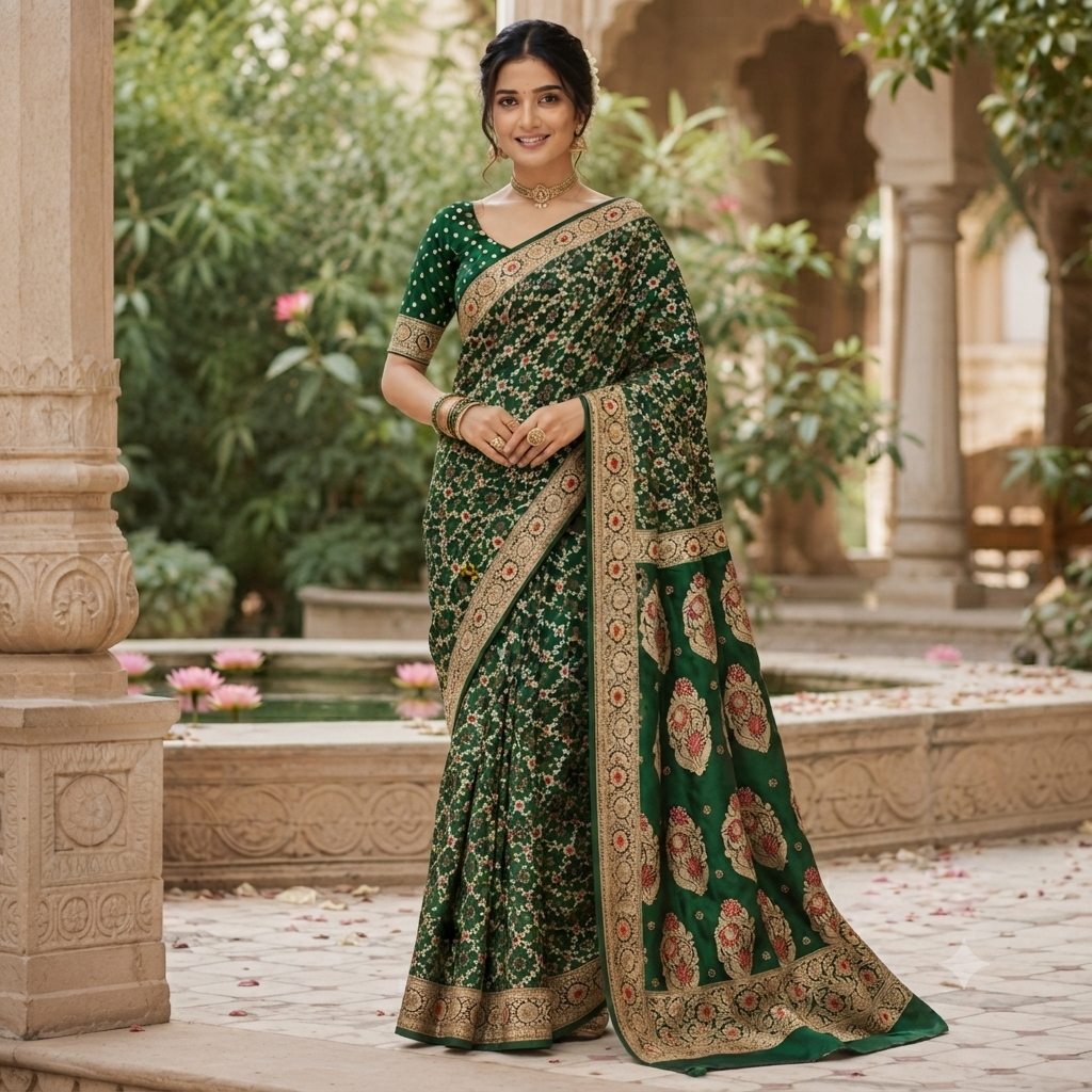 BOTTLE  GREEN BANARASI SILK SAREE