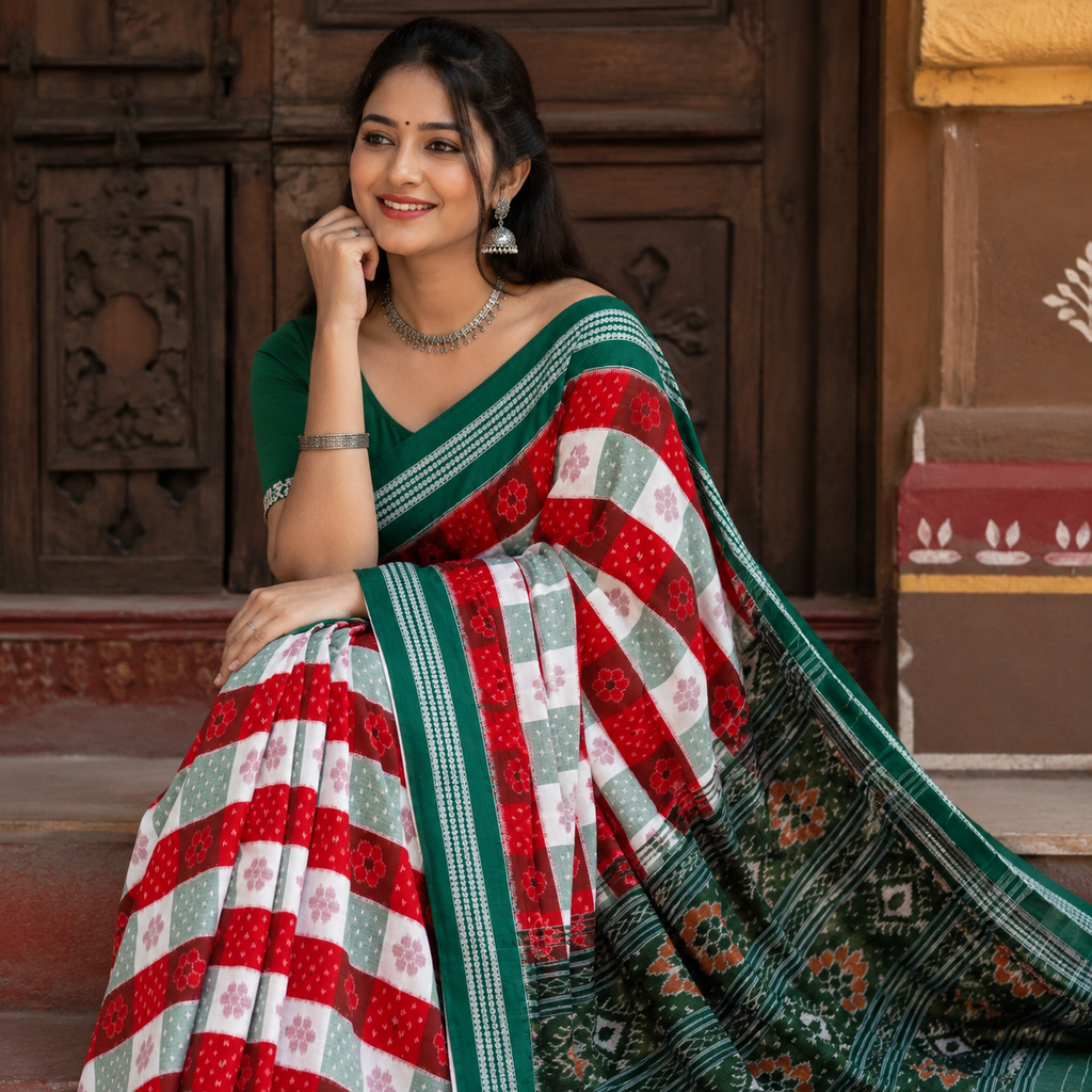 RED AND WHITE STRIPED SAMBALPURI HANDLOOM COTTON SAREE