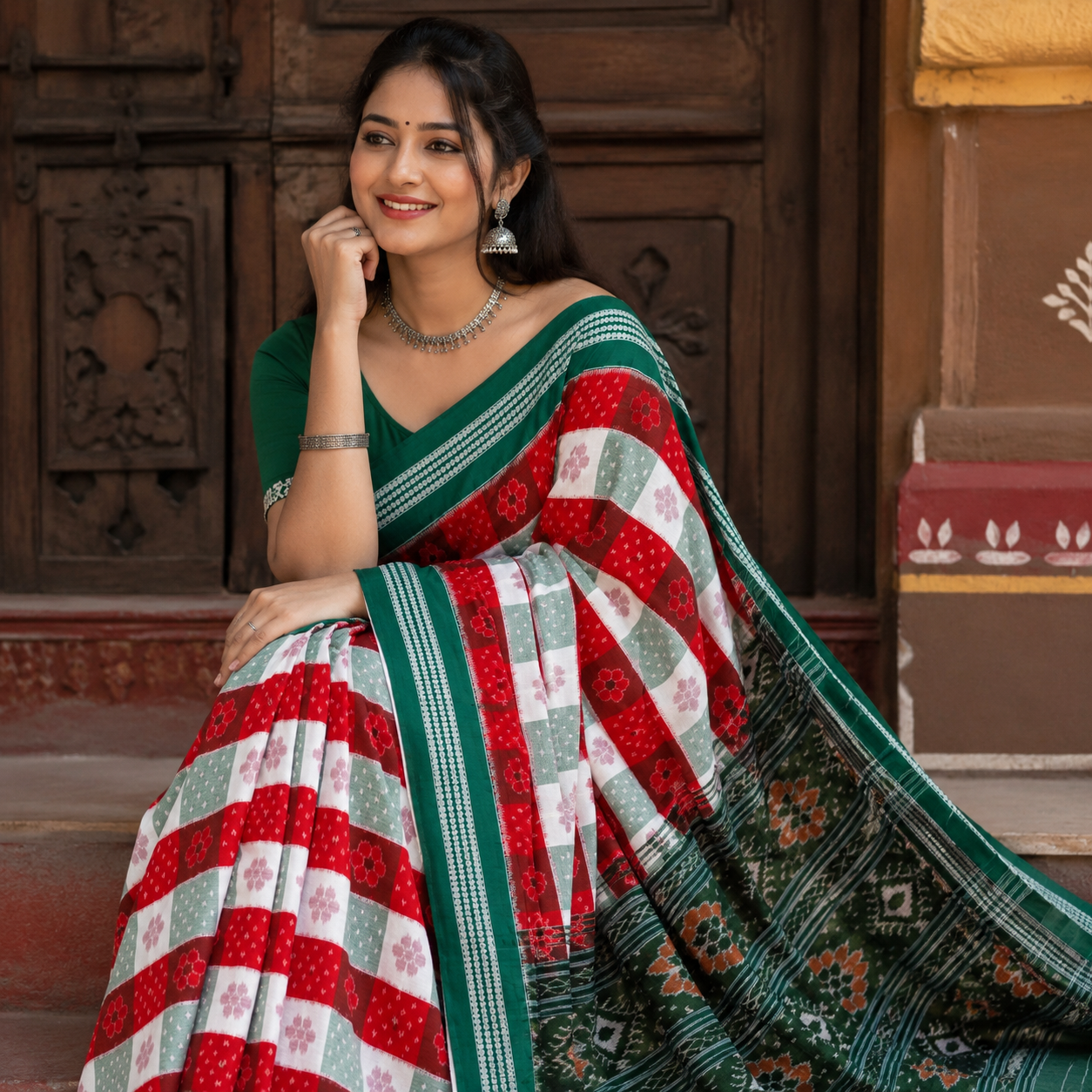 RED AND WHITE STRIPED SAMBALPURI HANDLOOM COTTON SAREE