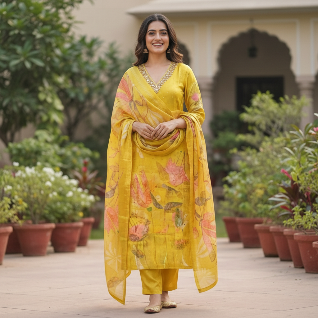 YELLOW CHANDERI KURTI SET