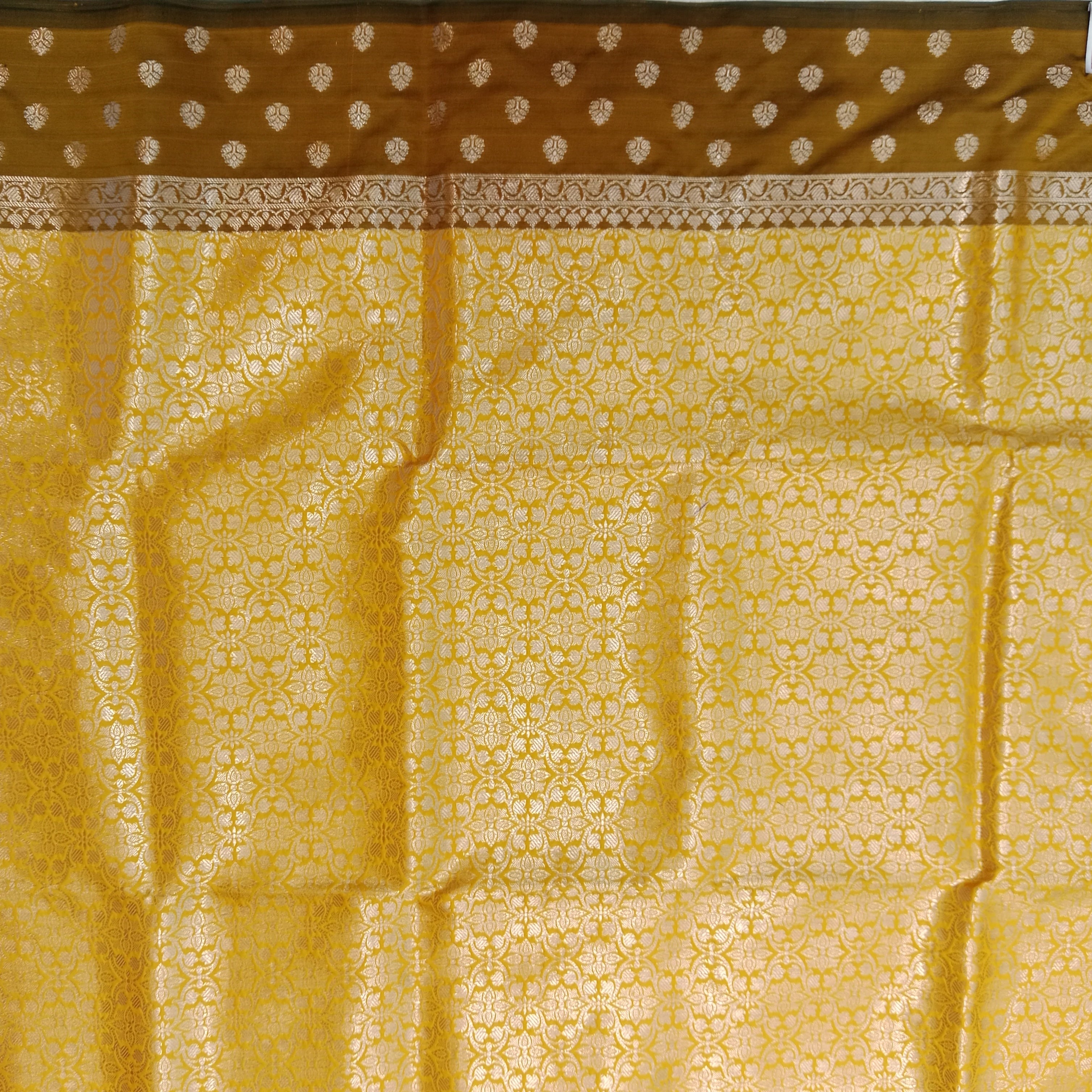 MUSTARD YELLOW BANARASI SILK SAREE WITH CHOCOLATE BROWN CONTRAST BORDER