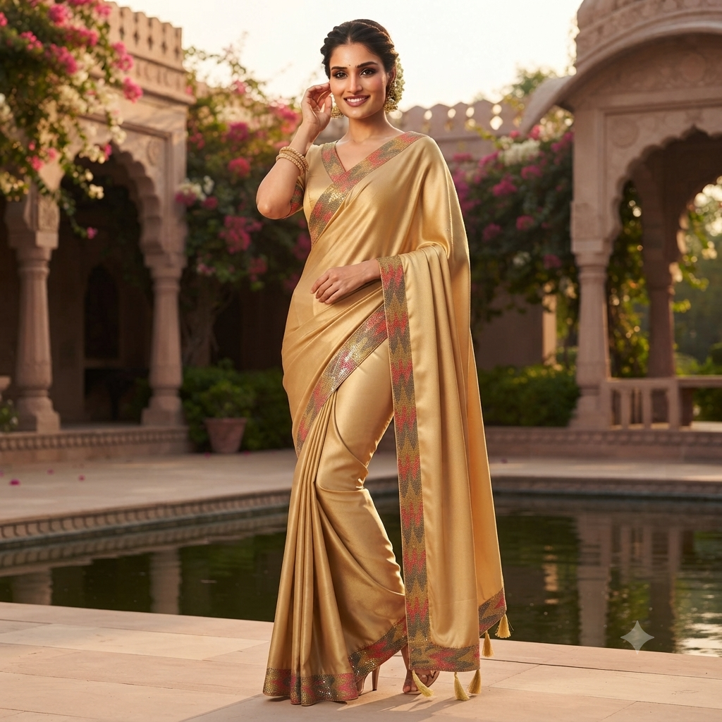 CHAMPAGNE GOLD / BEIGE SATIN SILK SAREE