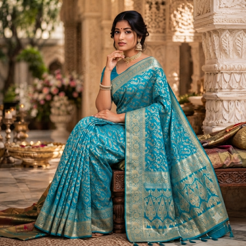 FIROZI BLUE  GOLD BANARASI SILK SAREE