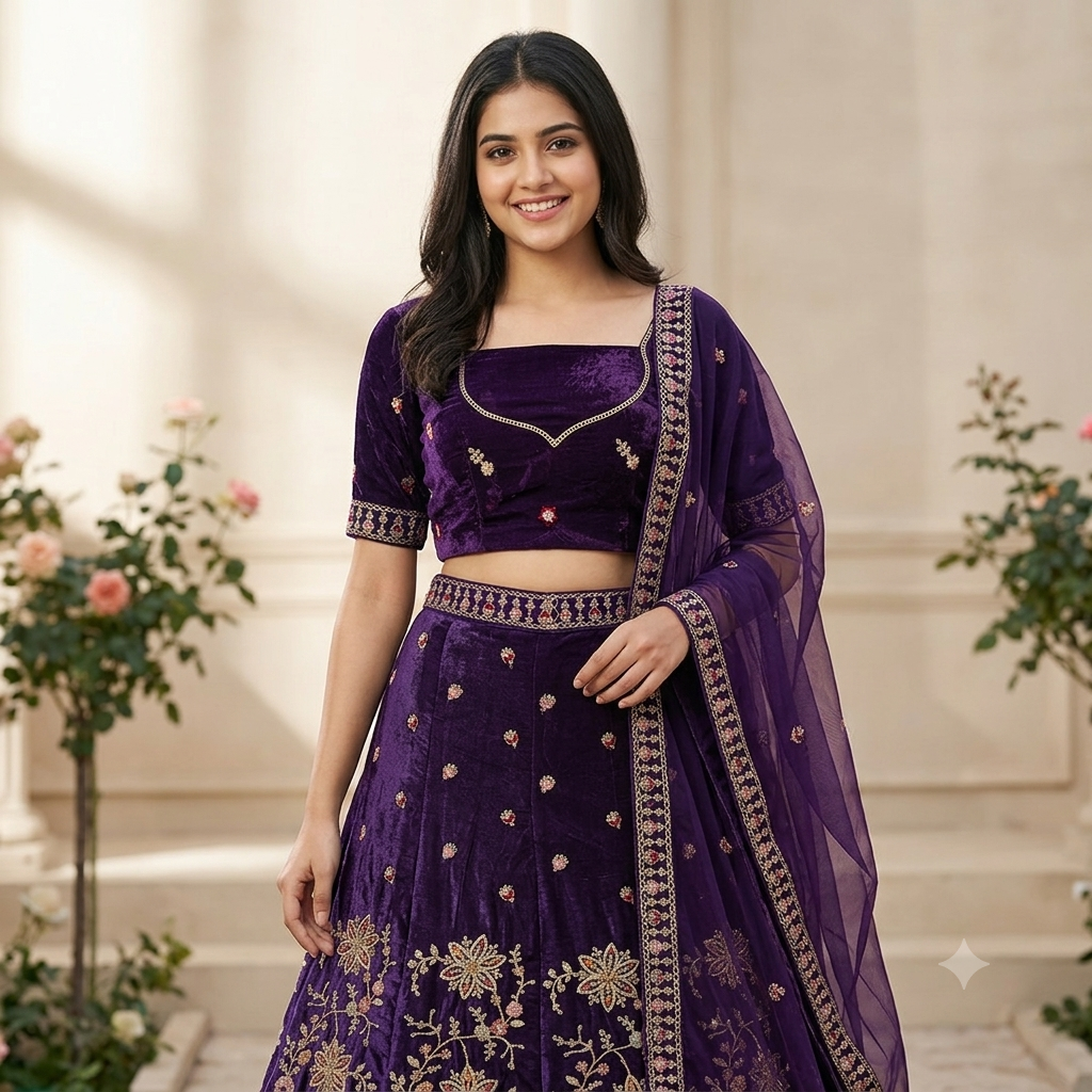 DEEP PURPLE VELVET LEHENGA