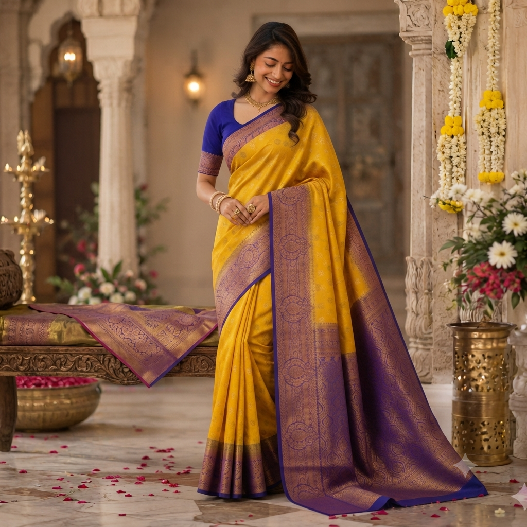 MANGO YELLOW ROYAL PURPLE KANCHIPURAM SILK SAREE