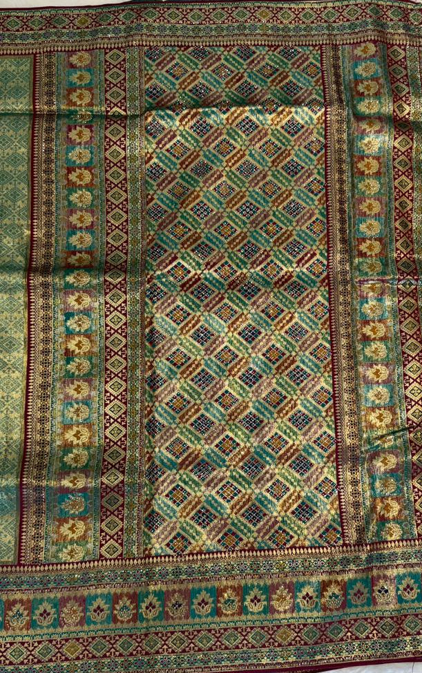 LIGHT OLIVE GREEN BANARASI SILK SAREE WITH MULTICOLOUR MEENAKARI BORDER