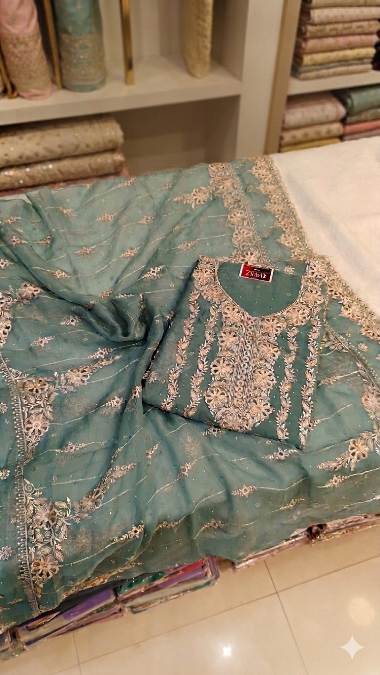 SEA GREEN EMBROIDERED DRESS MATERIAL