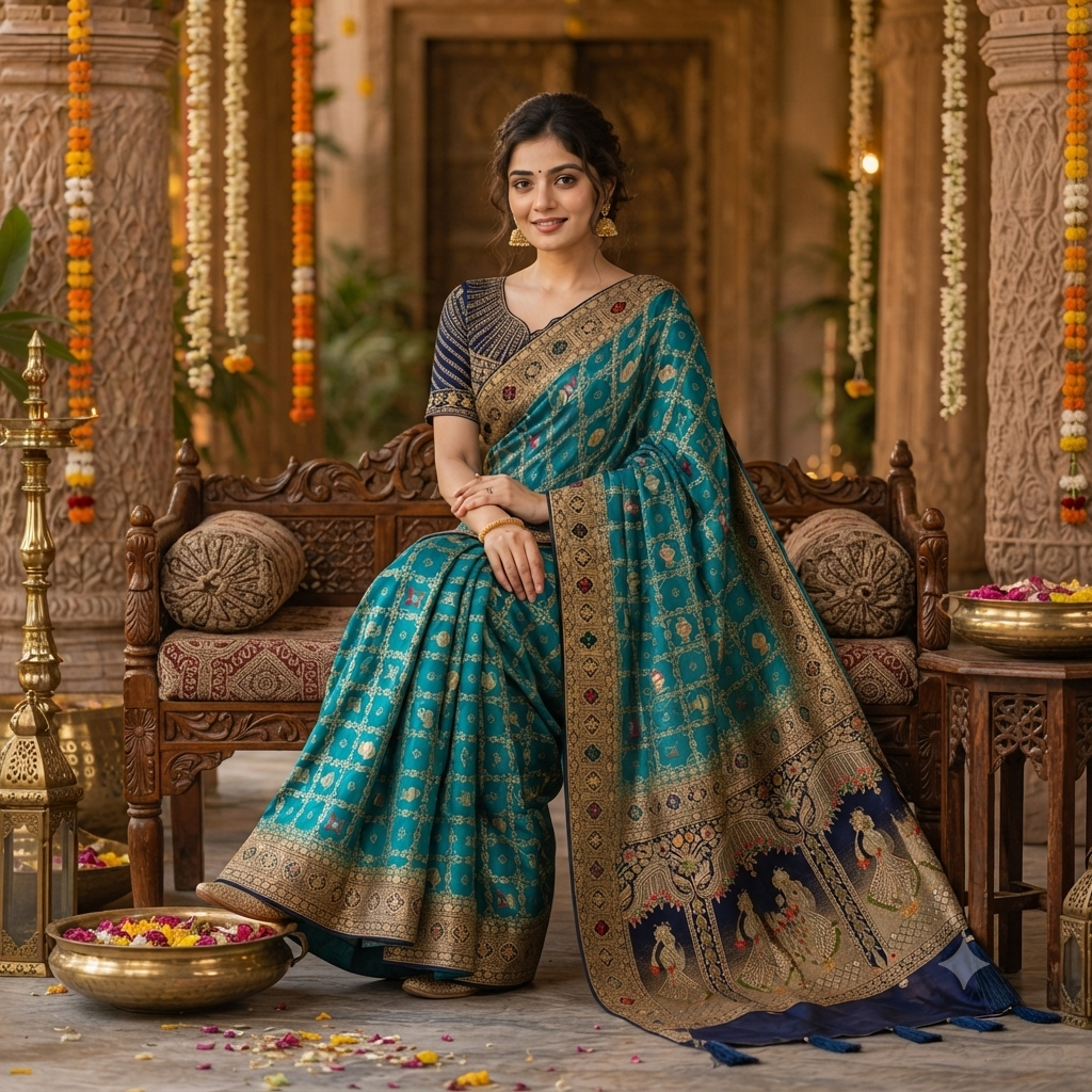PEACOCK TEAL PATOLA INSPIRED BANARASI SILK SAREE