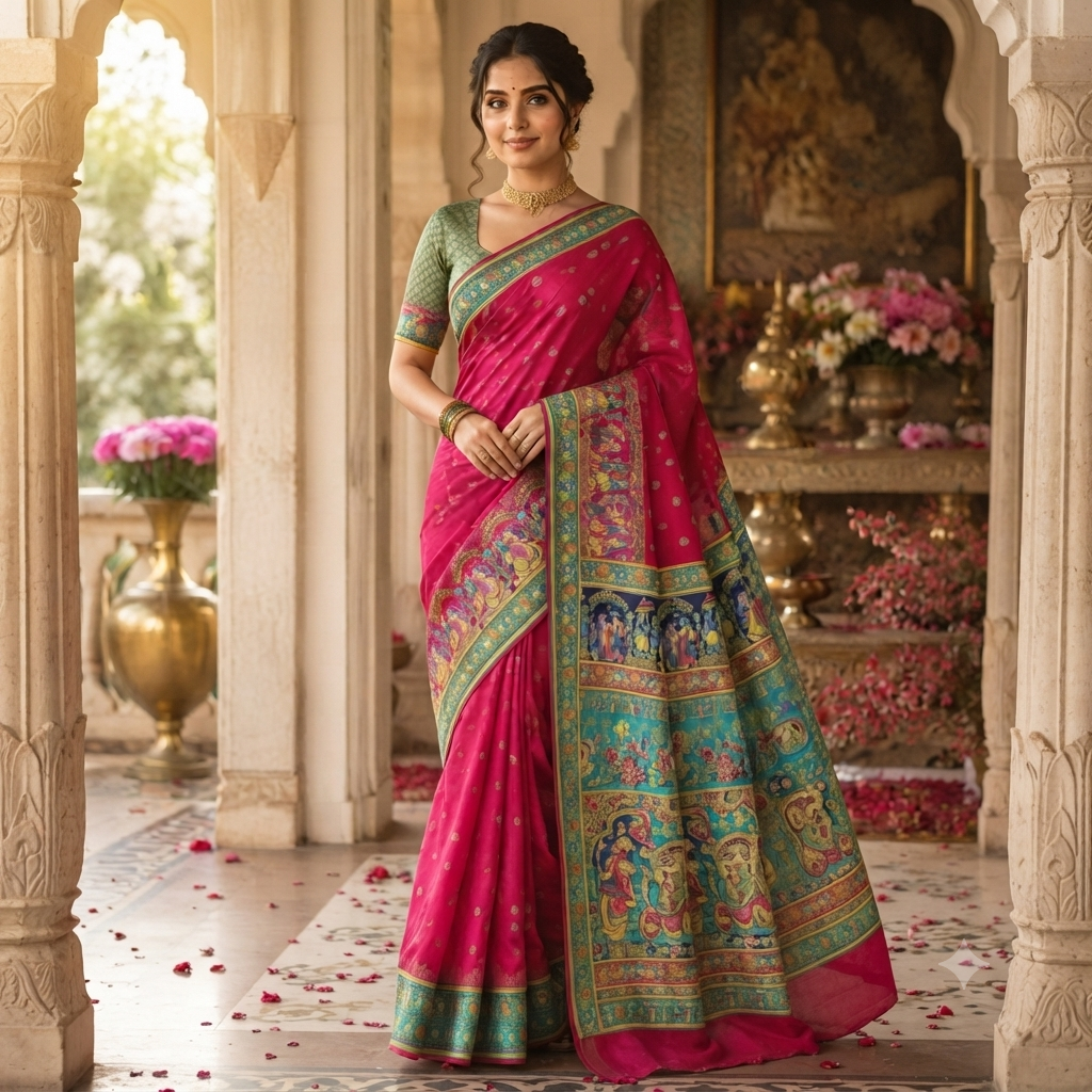 HOT PINK  TURQUOISE BANARASI SILK SAREE