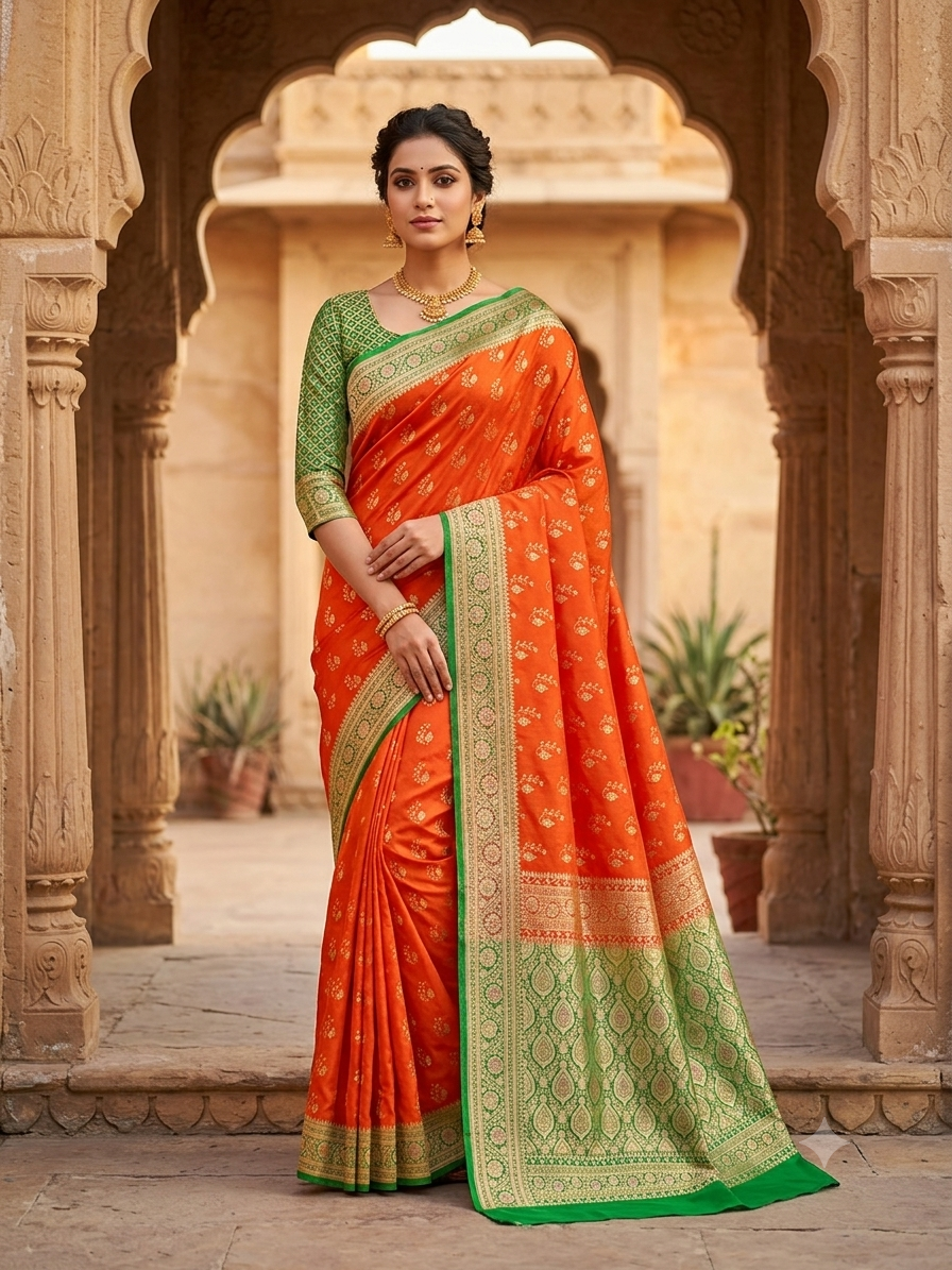 VIBRANT BURNT ORANGE BANARASI SILK SAREE