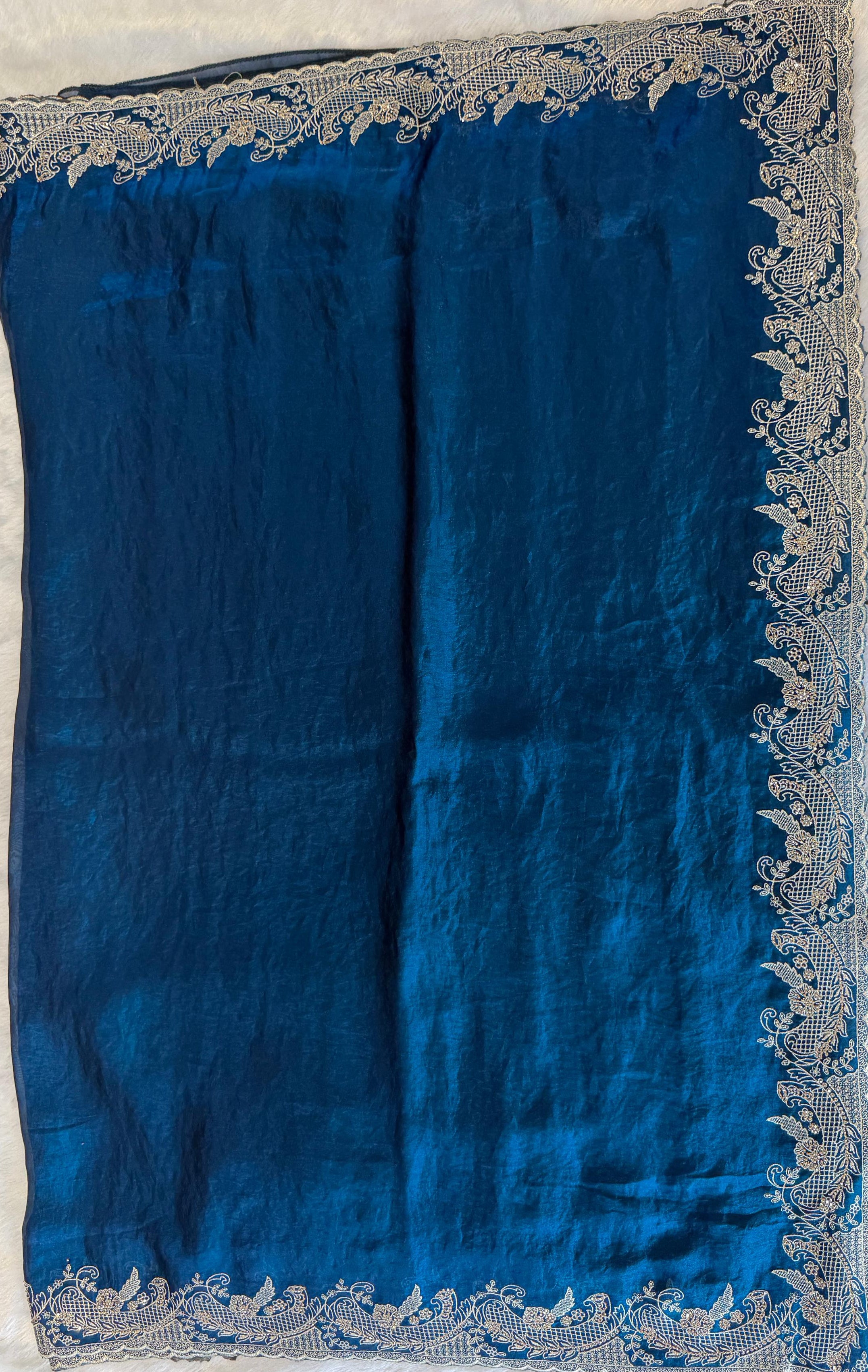 TEAL BLUE RAW SILK SAREE WITH BROAD SILVER PAISLEY BORDER