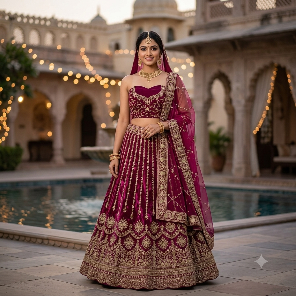 MAROON VELVET STRAPLESS LEHENGA WITH GOLD SCALLOP EMBROIDERY