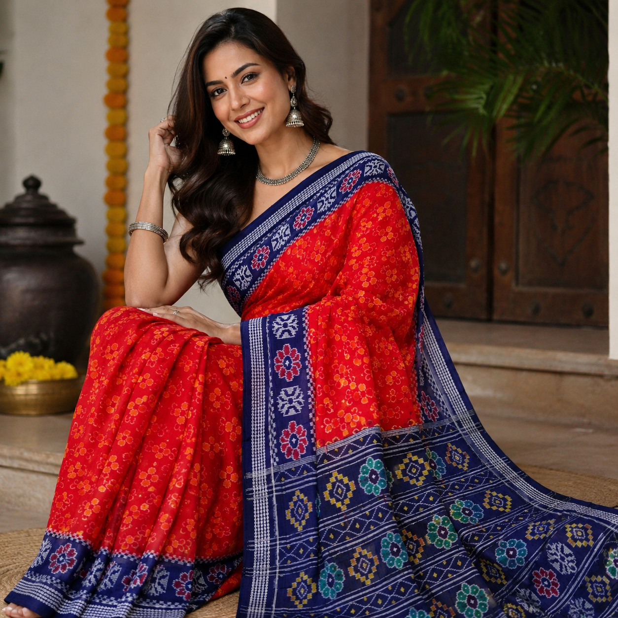 BRIGHT ORANGE SAMBALPURI HANDLOOM COTTON SAREE