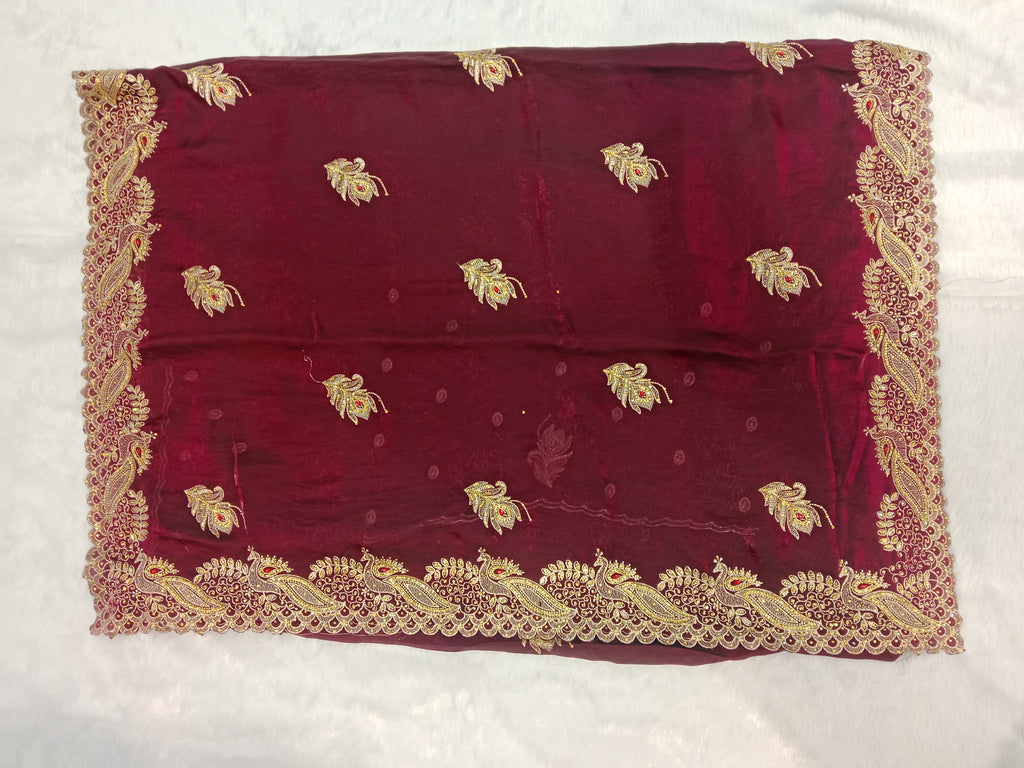 WINE GEORGETTE SAREE WITH GOLD ZARI+ RESHAM PAISLEY BORDER