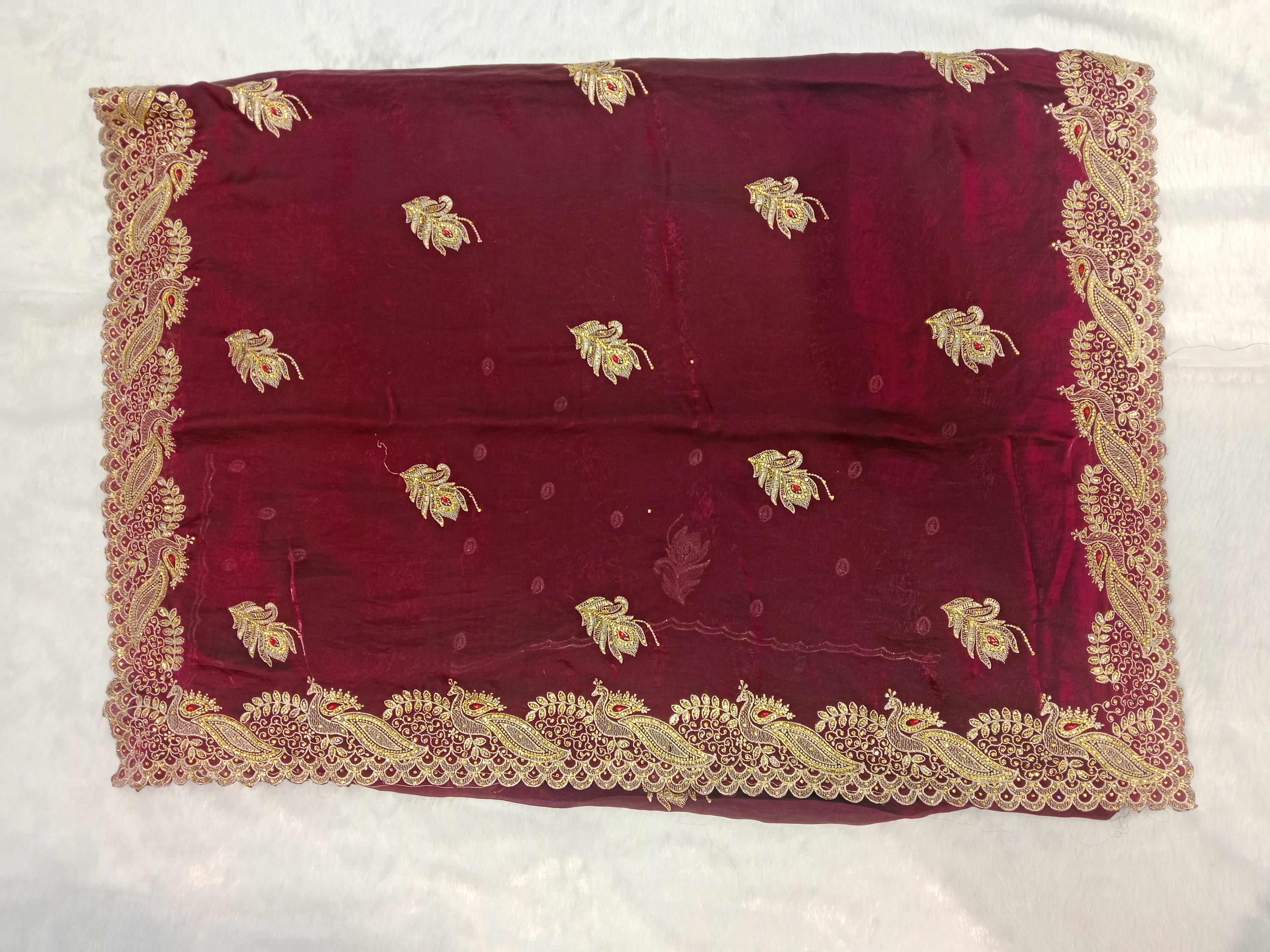 WINE GEORGETTE SAREE WITH GOLD ZARI+ RESHAM PAISLEY BORDER
